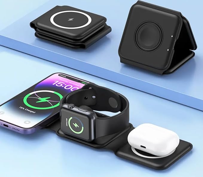D-Choice 3-in-1 Magnetic Wireless Charger – Compatible with Smartphones Watches and Bluetooth Headphones – 15W Fast Charging Compact Design (Black)