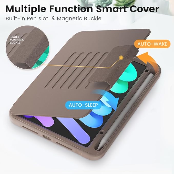Case for iPad mini 7 (A17 Pro) 2024/ Mini 6 2021 8.3 Inch: Shockproof Rugged Protective Cover with Pencil Holder Auto Wake/Sleep Magnetic Multi-Angles Stand Card Slot Rose Gold