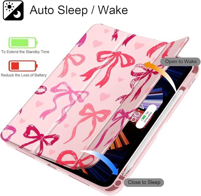 May Chen for iPad Air 11-inch M4/M3/M2 (2026/2025/2024) iPad Air 5th/4th 10.9 Inch - Shockproof Cover with Clear Back Shell &amp Penceil Holder Auto Wake/Sleep Stand Cover Bow Ribbon