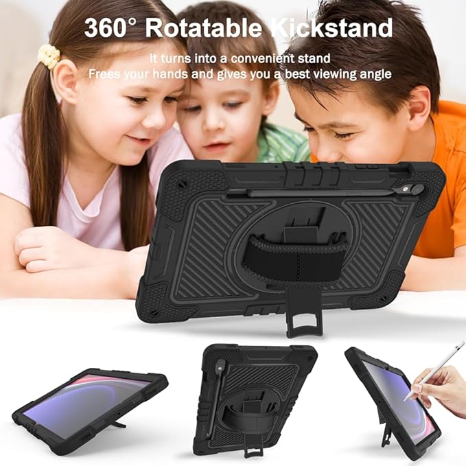 Shockproof Case for Samsung Galaxy Tab S10 Lite/S10 FE/S9/S9 FE 11 Tablet Cover with Shoulder+Hand Strap Techcircle Heavy Duty Rotating Kickstand Rugged Defender Protective Case Black