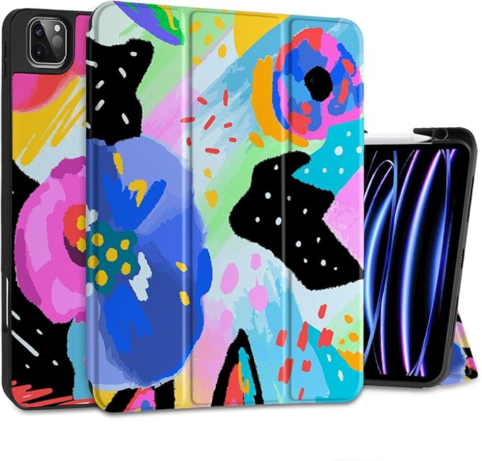 MEEgoodo for iPad Pro 12.9 Case M2 6th/5th/4th/3rd Generation 2022 2021 2020 2018 with Pencil Holder Tablet Cover with Soft TPU Back Shell Colorful Painted Floral