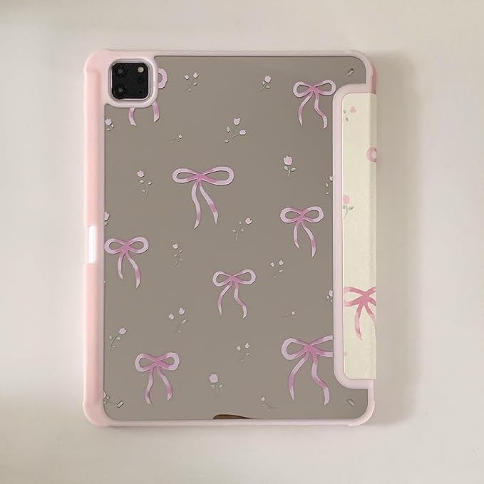 Auto Sleep/Wake Leather Folio Case with Kickstand Stylus Holder for Apple iPad Pro M5 11-Inch 6 6th Generation 2025 Pink Bow Beautiful Floral Cute Chic Adorable Lovely Girls Kids
