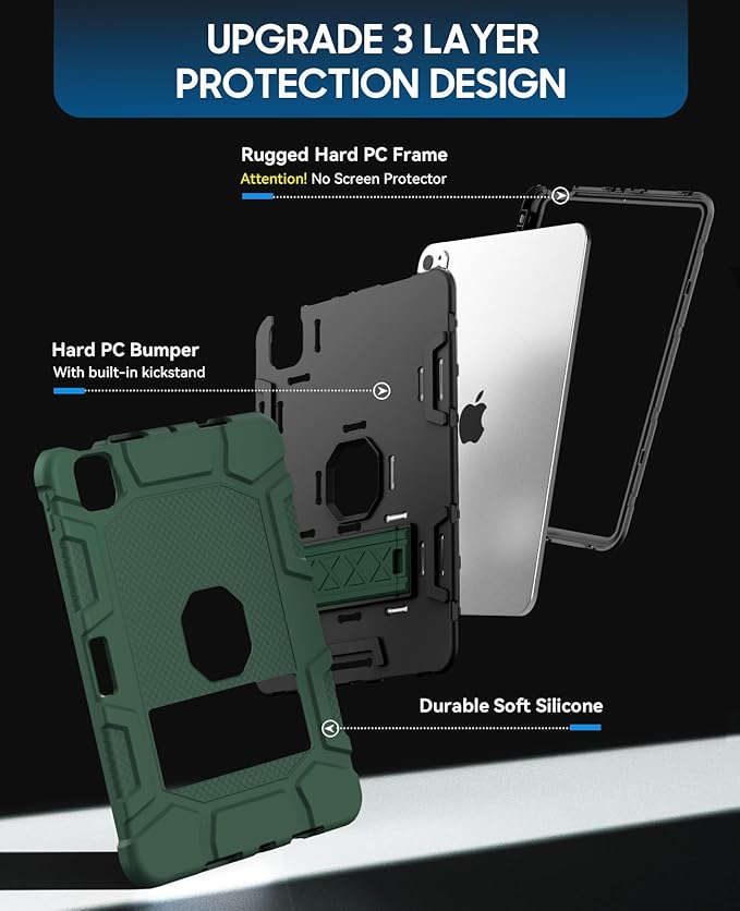 Case for iPad Pro 11 Inch Case (M5 2025/ M4 2024) with Pencil Holder Built-in Stand Military Grade Shockproof Protective Cover for iPad Pro 11 (Dark Green)