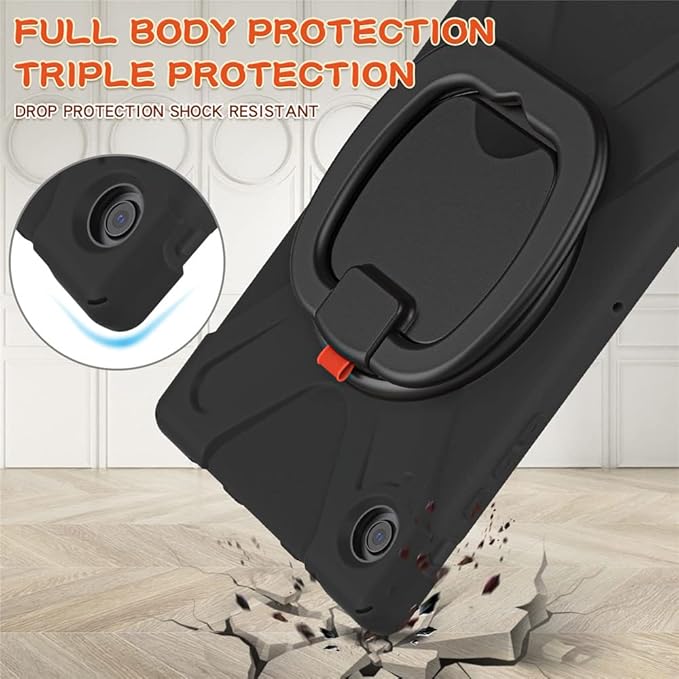 360 Rotation Case for Galaxy Tab A8 10.5 Sturdy Cover Rotate Ring Stand Shoulder Carrying Strap Hand Strap Rugged Children Adults Outdoor Case Black