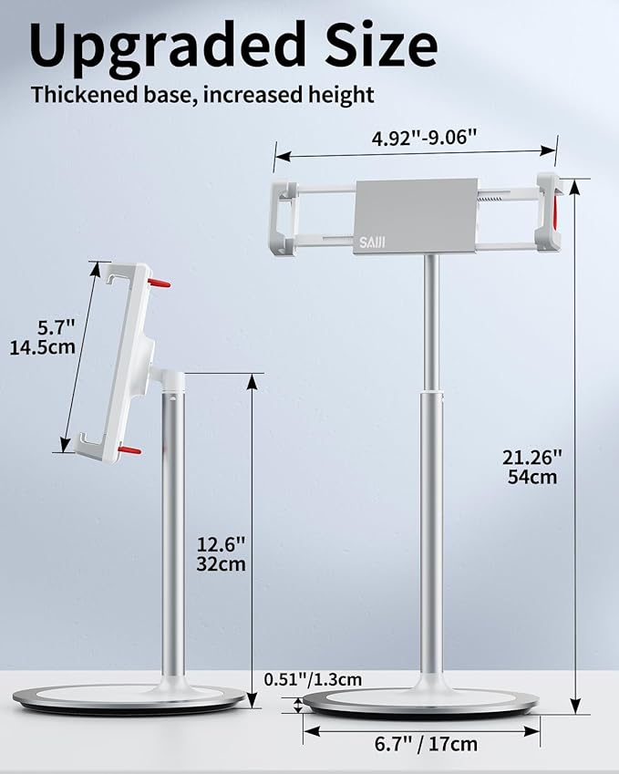SAIJI Tablet Stand Holder Extra-Height Adjustable Kindle Stand 360 Degree Rotating iPad Holder Aluminum Alloy Cradle Mount Dock for 4.7-15.6 iPhone Samsung Tablets Portable Monitor (Silver)
