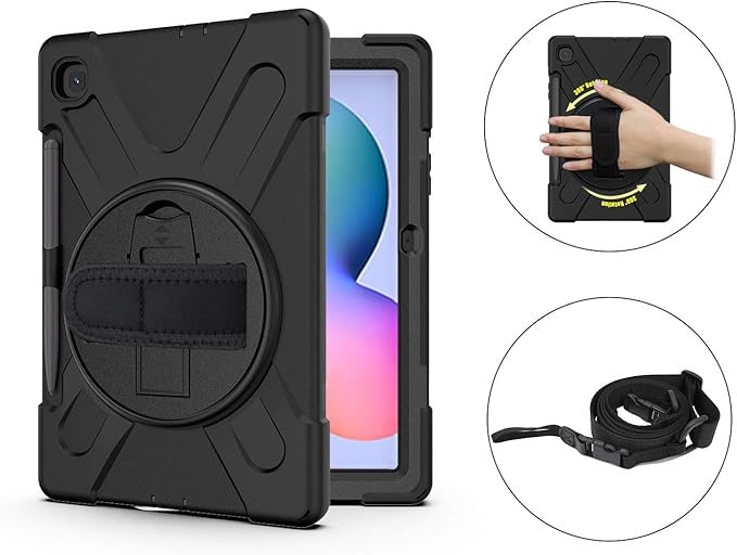 KIQ Shield Series Galaxy S6 Lite Case Heavy Duty Tablet Shockproof Rugged Tab S6 Lite Cover W/Stand Shoulder Strap for Samsung Galaxy Tab S6 Lite 10.4 Inch 2022/2020 P610/P613/P615/P619 - Black