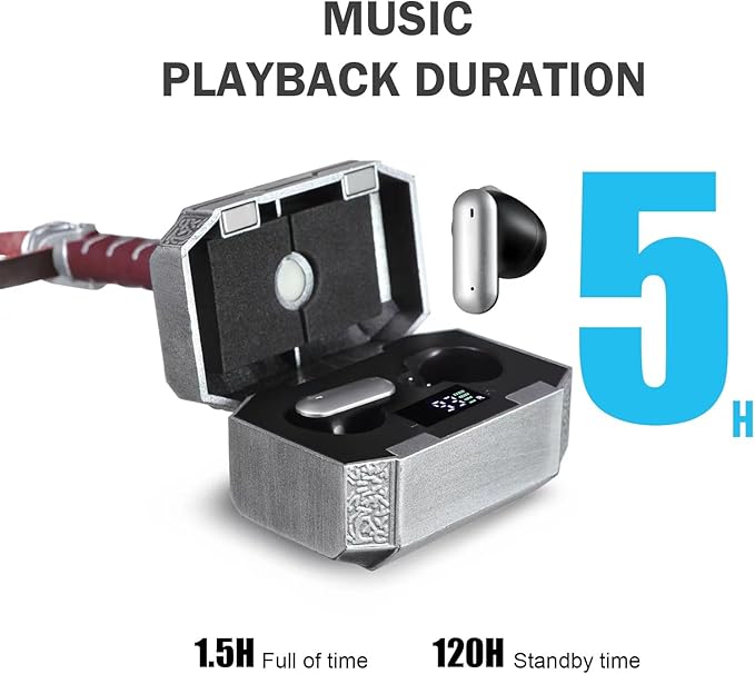 Wireless Earbuds with Thor Hammer Wireless Charging Case5.3 Bluetooth Ear Buds Light-Weight HeadphonesNovelty Gifts for Men
