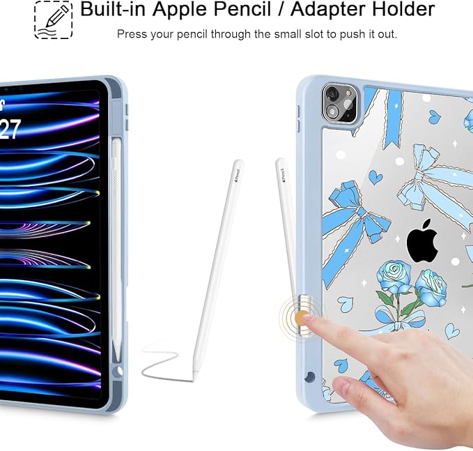 Tuiklol for iPad Pro 11 Inch Case M2 2022 Gen 4th -Built-in Pencil Holder Shockproof Cover Clear Transparent Back Shell Fit for iPad 11’’ 2021 2020 2018 Gen 3rd/2nd/1st for KidBow &amp Rose Blue