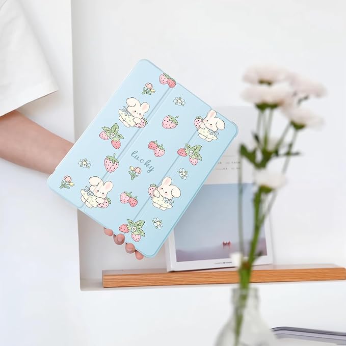 Cute Kawaii Bunny Strawberry for iPad Air5/Air4 Case with Pencil Holder Auto Sleep/Wake Blue Leather Soft TPU Back Cover for iPad 10.9 Inch 2022/2020