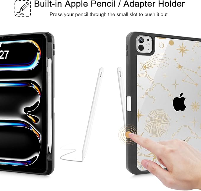 Tuiklol for iPad Pro 11 Inch (M5 2025 / M4 2024) Case Buit-in Pencil Holder with Slim Clear Back Cover Protection Trifold Stand-Auto Wake/Sleep Tablet Case Black Flower Moon &amp Star