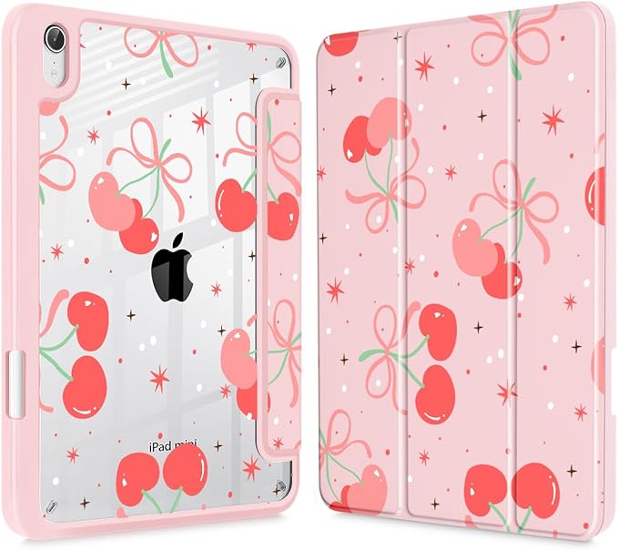May Chen Slim Case for iPad mini 7 (A17 Pro 7th Generation) 2024 / iPad mini 6 (6th Gen) 8.3 Inch [Built-in Pencil Holder] Shockproof Cover Clear Clear Back Shell Auto Wake/Sleep Coquette Cherry