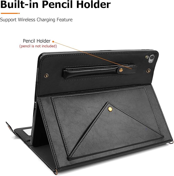 Dteck Case for iPad 6th/5th Generation 9.7 Inch 2018/2017/iPad Air 2/1Premium PU Leather Business Folio Stand Smart Auto Wake/Sleep Cover Shoulder/Hand Strap Pencil Holder Wallet CaseBlack