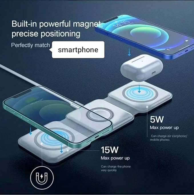 D-Choice 3-in-1 Magnetic Wireless Charger – Compatible with Smartphones Watches and Bluetooth Headphones – 15W Fast Charging Compact Design (White)