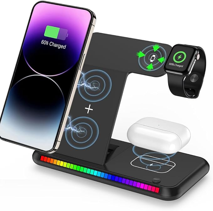 IHAO 3in1 Multifunctional Foldable Wireless Charging Station with LED Ambient Night Light Fast QC3.0 Charger for Phone iWatch Headphone Space-Saving Auto-Shutoff &amp Overcharge Protection-Black