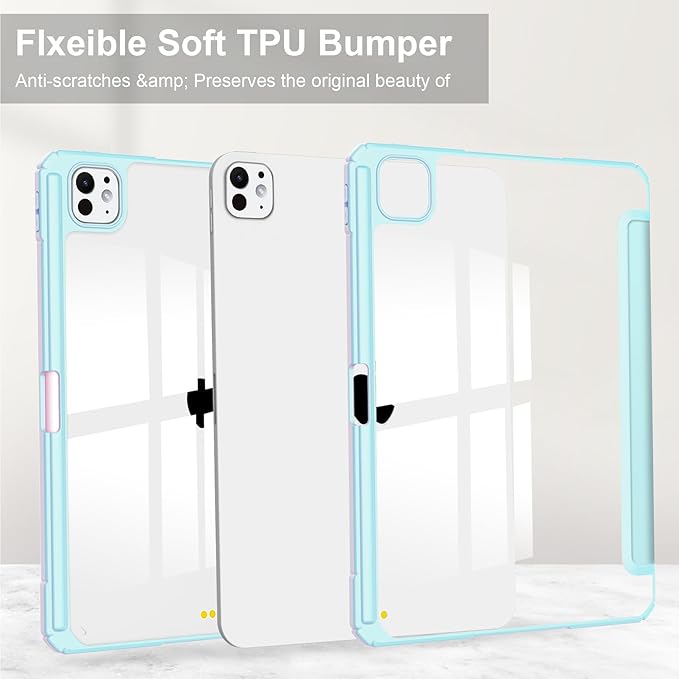 Folio Stand Case for iPad Pro 13 inch M4 (2024) with Clear Transparent Back &amp Soft TPU Shockproof Frame Cover [Pencil Holder] [Auto Sleep/Wake] Smart Lightweight Trifold Shell Sky Blue