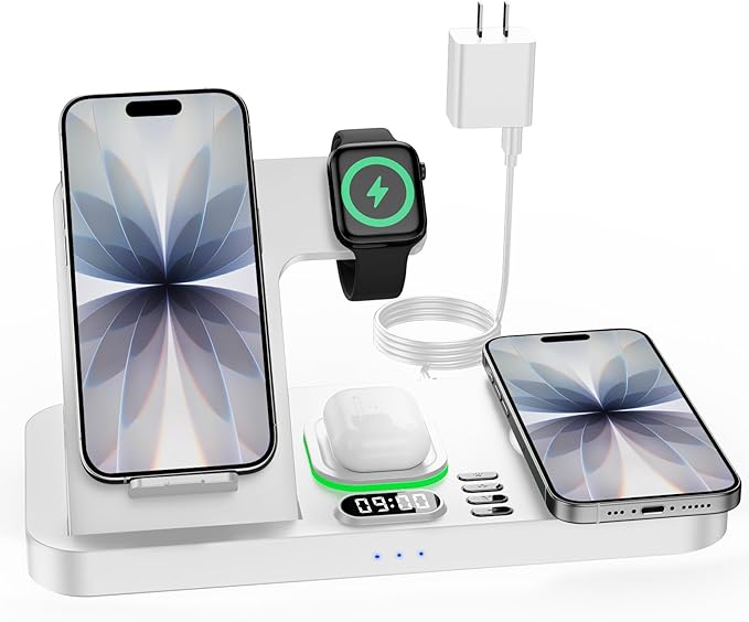 Dual Phone Wireless Charging Station for Apple Devices Magnetic Charging Station for iPhone with Auto Switch 7-Color Light&ampClock Family Watch Charger for iPhone17 for iWatch11 for AirPods Pro3(S
