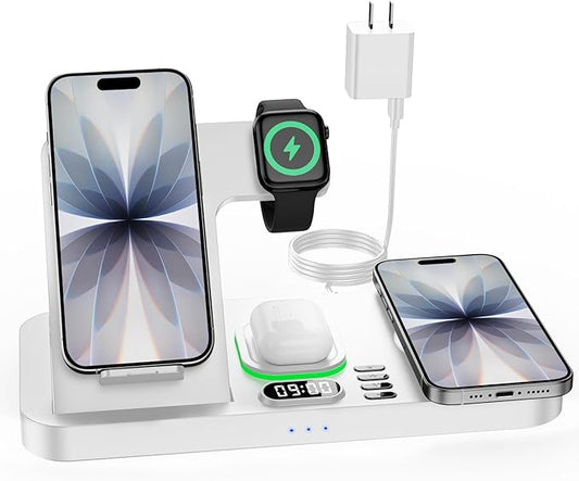 Dual Phone Wireless Charging Station for Apple Devices Magnetic Charging Station for iPhone with Auto Switch 7-Color Light&ampClock Family Watch Charger for iPhone17 for iWatch11 for AirPods Pro3(S
