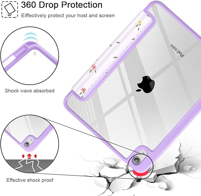 Mektron Printed Case for iPad mini 7 (A17 Pro) 2024/ Mini 6 2021 iPad mini 7th/6th Gen 8.3-inch Liquid Retina Display Cover Buit in Pencil Holder with Clear Back Shell Flowers &amp Adorable Lace