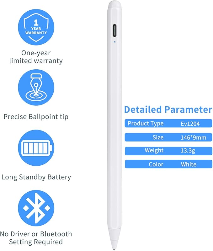 Stylus Pens for Samsung Galaxy Tab A9+/A8/A7 Pencil Evach Capacitive High Sensitivity Digital Pencil with 1.5mm Ultra Fine Tip Stylus Pencil for Samsung Galaxy Tab A9+/A8/A7 Pen White