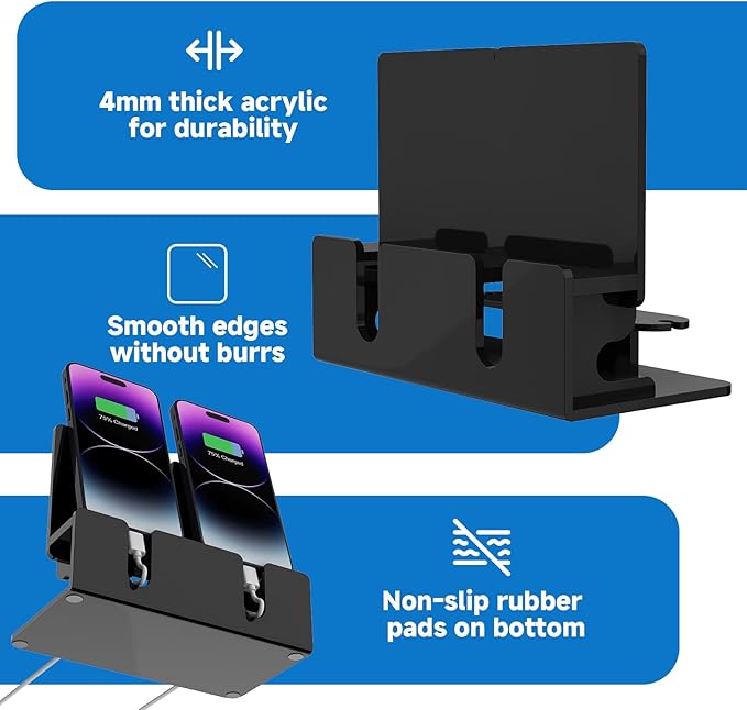 Dual Phone Holder Organizer Stand for 2 Phones Acrylic Desktop Universal Mobile Phone Docking Station Charger Holder with Cable Management Black