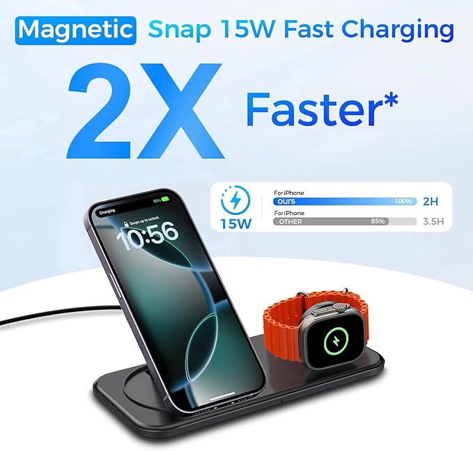 2 in 1 Wireless Charging Station for Mag-Safe Magnetic Wireless Charger Pad 15W Fast Charge for iPhone 17 Pro Max/17 Air/16/16 Plus/15/14/13/12AirPods Pro 3Apple Watch SeriesBlack