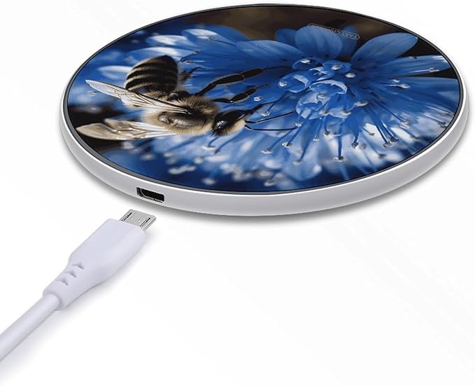 Blue Flower Bee Wireless Charger Fast Wireless Charging Pad with USB Cable 10W Anti-Slip Magnetic Wireless Charger Portable Slim Charger Puck Travel Charging Station