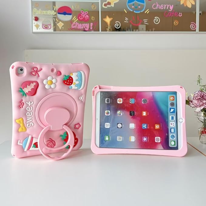3D Cute Strawberry Cake Juice Case for iPad 9th/8th/7th 10.2 inchKawaii Cartoon Delicious Desserts Soft Silicone Rotating Stand Case with Lanyard for Kids Teens Girls Women