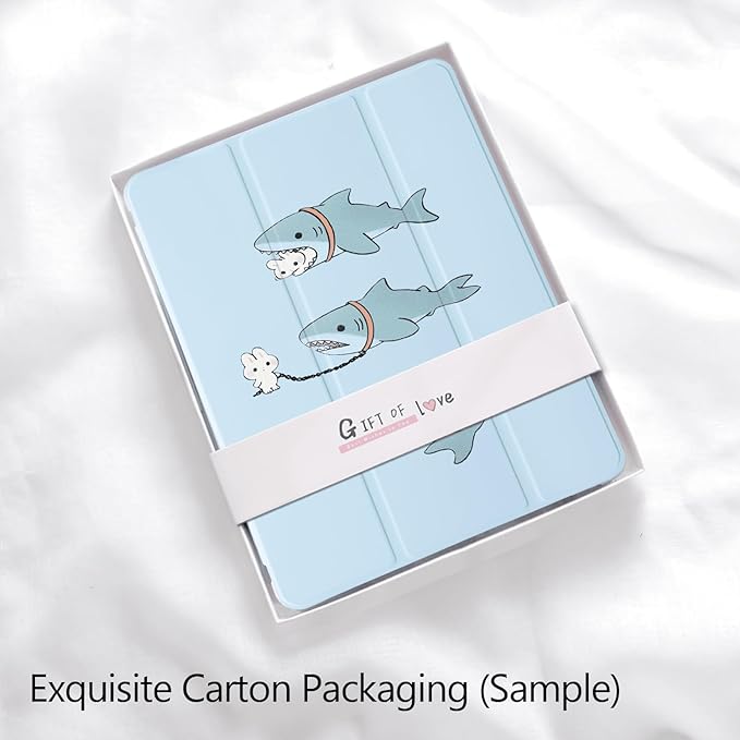 Cute Kawaii Bunny Shark for iPad 5th/6th Generation Case with Pencil Holder Auto Sleep/Wake Blue Leather Soft TPU Back Cover for iPad 9.7 Inch