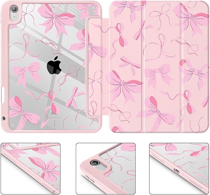 May Chen for iPad Air 11-inch M4/M3/M2 (2026/2025/2024) iPad Air 5th/4th 10.9 Inch - Shockproof Cover with Clear Back Shell &amp Penceil Holder Auto Wake/Sleep Stand Cover Bows Pink