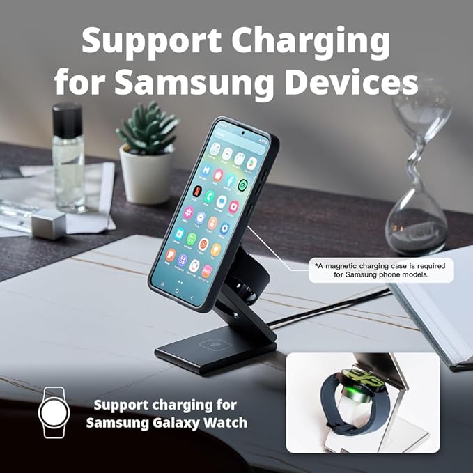 ADAM elements Mag Z 3-in-1 Foldable Travel Charging Station Magnetic Wireless Charger for iPhone 17-12 Apple Watch AirPods &amp Samsung Galaxy Watch Compact Portable Stand for Desk &amp Travel (