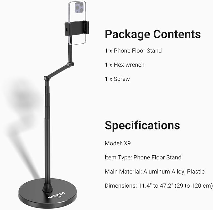 NEEWER Entry Level Version Phone Floor Stand Adjustable Office Table Bedside Cell Phone Holder Clamp Holder Mount Compatible with iPhone Samsung Android for Video Recording Weighted Metal Base X9