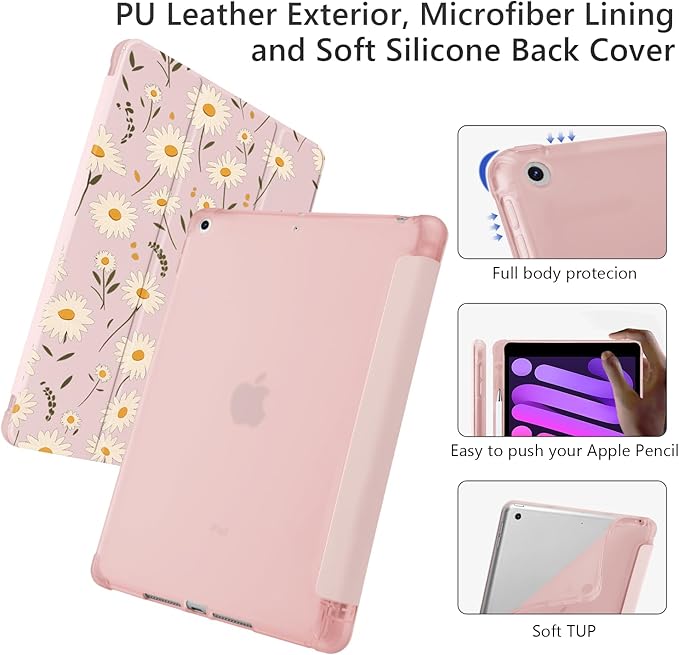 Cute Daisy Flower for iPad mini 7 A17 Pro 2024/iPad Mini 6 Case with Pencil Holder Auto Sleep/Wake Pink Leather Soft TPU Back Cover