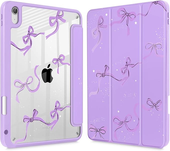 May Chen Case for iPad Air 13 Inch M4 2026 M3 2025 M2 2024 [Built-in Pencil Holder] Shockproof Cover with Clear Transparent Back Shell Auto Sleep/Wake Cover Purple Bows