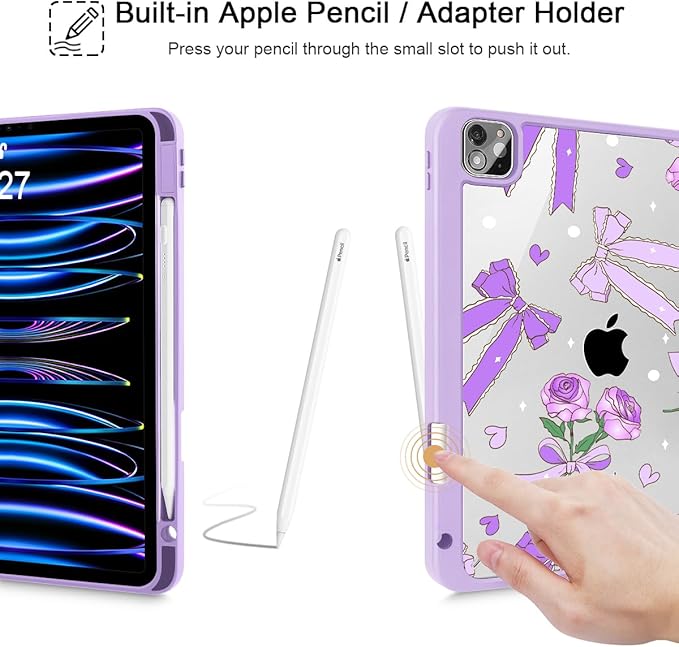 Tuiklol for iPad Pro 11 Inch Case M2 2022 Gen 4th -Built-in Pencil Holder Shockproof Cover Clear Transparent Back Shell Fit for iPad 11’’ 2021 2020 2018 Gen 3rd/2nd/1st for KidBow &amp Rose Purple