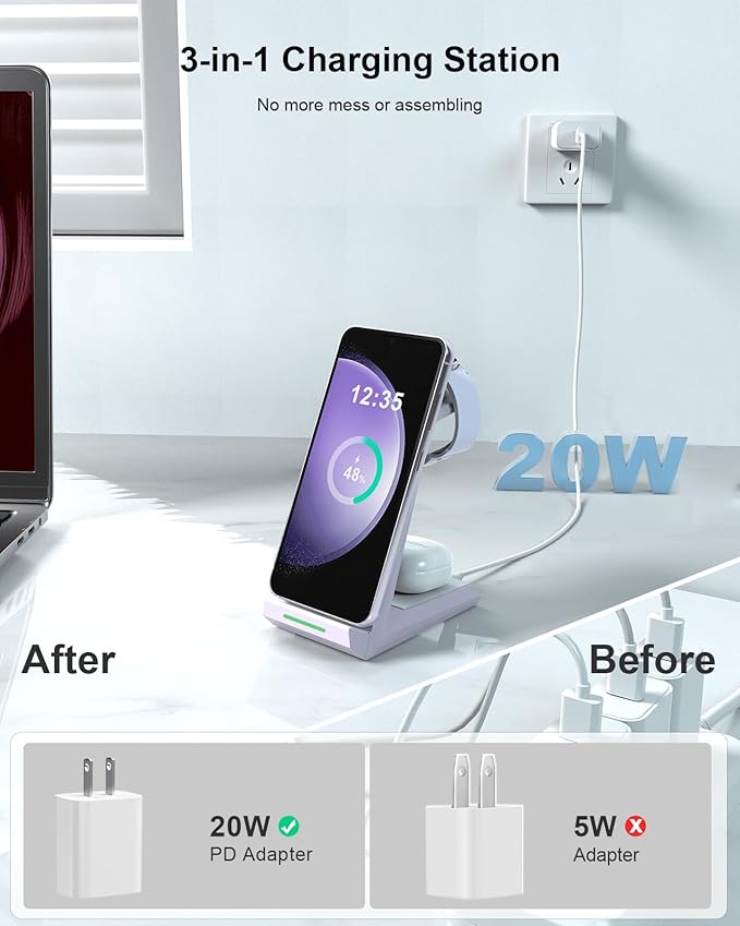 Wireless Charger for Samsung - NANAMI 3 in 1 Charging Station for Multiple DevicesFast Charger Stand Dock for Galaxy S26 S25 S24 S23 Ultra S22 S21 Z Flip FoldGalaxy Watch 5/5 Pro/4/3Galaxy Buds Pro