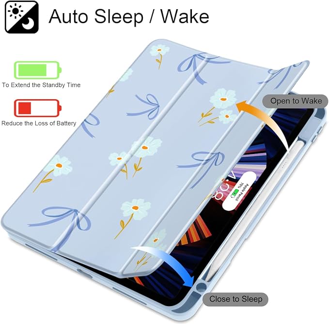 Mektron Case for M5/ M4 iPad Pro 11 inch 2025/2024 with Pencil Holder Compatible Models: A3357/A3358/A3359/A2836/A2837/A3006 Shockproof Cover Clear Shell Blue Bows &amp Flowers