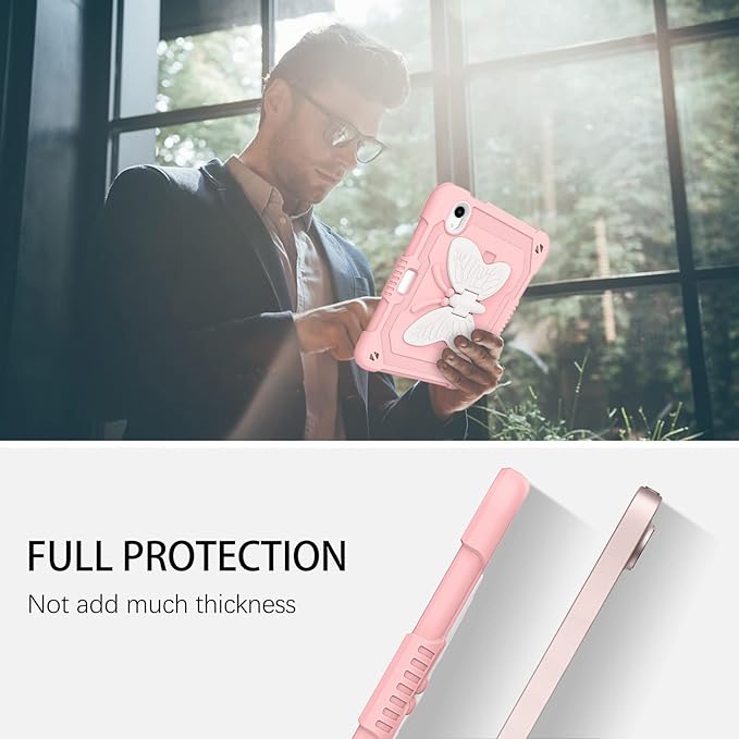 DUEDUE Case for iPad mini 7 (A17 Pro) 2024iPad mini 6 Case 2021 Butterfly Wings Kickstand with Pencil Holder Shockproof Protective Tablet Case for iPad mini 7th/6th Gen Kids Beige/Pink