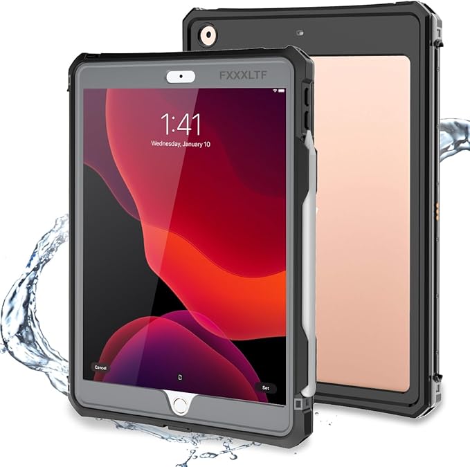 iPad Case Waterproof Full Body Cover for iPad 10.2 inch 2021 (Black) Compatible with 7th/8th/9th Gen Protective with Pencil Holder Anti-Scratch Shockproof IP68