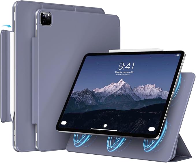 Magnetic Case for iPad Air 13 Inch M3/M2 (2025/2024) iPad Pro 12.9 inch 6th/5th Generation (2022/2021) | Auto Sleep/Wake | Pencil Pro &amp USB-C | Non-Slip PU Leather Protective CoverPurple Gray