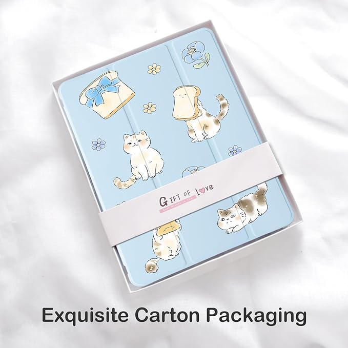 Cue Kawaii Kitten Cat for iPad Air 11 Inch Case 7th/6th Generation (M3/M2) 2025/2024 with Pencil Holder Auto Sleep/Wake Blue Leather Soft TPU Back Cover