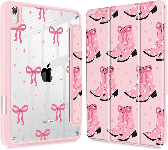 May Chen Slim Case for iPad mini 7 (A17 Pro 7th Generation) 2024 / iPad mini 6 (6th Gen) 8.3 Inch [Built-in Pencil Holder] Shockproof Cover Clear Clear Back Shell Auto Wake/Sleep Pink Boots Bows