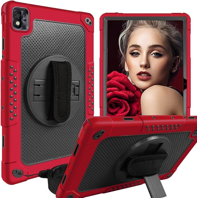 Mignova for TCL Tab Pro 5G Tablet Case Built in Rotating Kickstand/Shoulder Strap Hand Strap Hybrid Shockproof Armor Kids Friendly Case for Nokia T20/T21/Vastking KingPad M10 10.36 inch(Red+Black)
