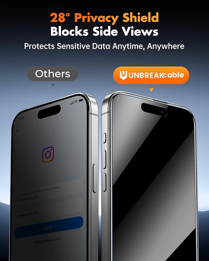 UNBREAKcable Privacy Screen Protector for iPhone 16 3 Pack Full Coverage Tempered Glass [28° Anti-Spy] [9H Hardness] [Easy Installation Box] Shatterproof Private Screen Guard