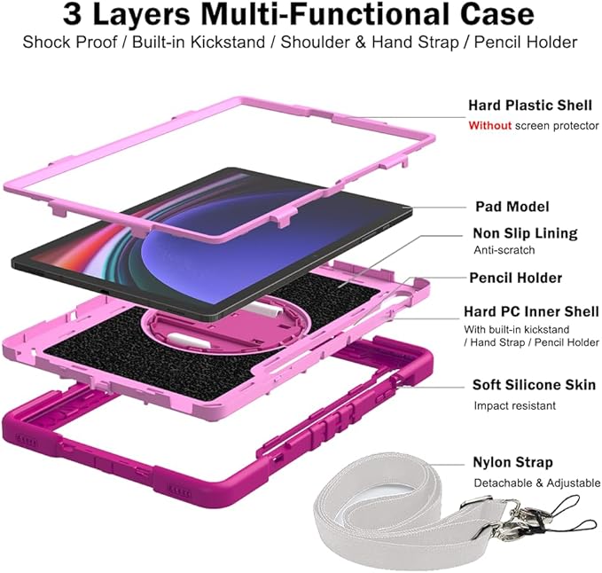 Shockproof Case for Samsung Galaxy Tab S10 Plus/S9+/S9 FE+ 12.4 Tablet Cover with Shoulder+Hand Strap Techcircle Heavy Duty Rotating Kickstand Rugged Defender Case Rose+Pink