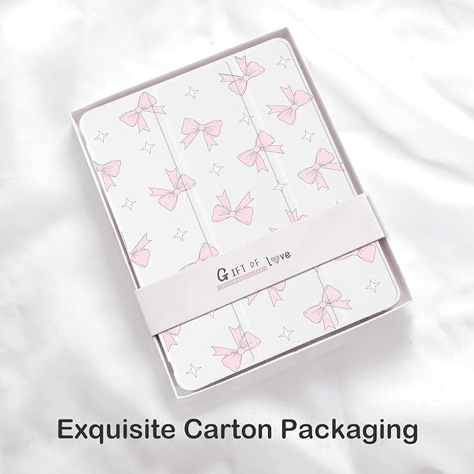 Cute Kawaii Pink Bow for iPad 7th/8th/9th Generation Case with Pencil Holder Auto Sleep/Wake White Leather Soft TPU Back Cover for iPad 10.2 Inch 2019/2020/2021