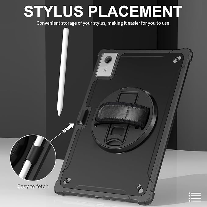Junfire Protective Case for Lenovo Idea Tab Plus 12.1 inch 2025/Tab K12 Shockproof Hard Shell Idea Tab Plus Case with 360°Rotating Kickstand/Hand Strap/Shoulder Strap/Stylus Holder-Black