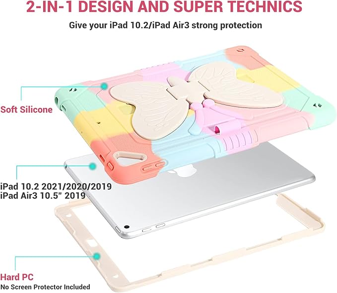 for iPad 9th/8th/7th Generation 10.2 inch Butterfly Case Cute iPad Air 3 10.5 Kawaii Girly Soft Silicone Protective Cover for Kids Girls Women w/Stand Shoulder Strap Pencil Holder Colorful