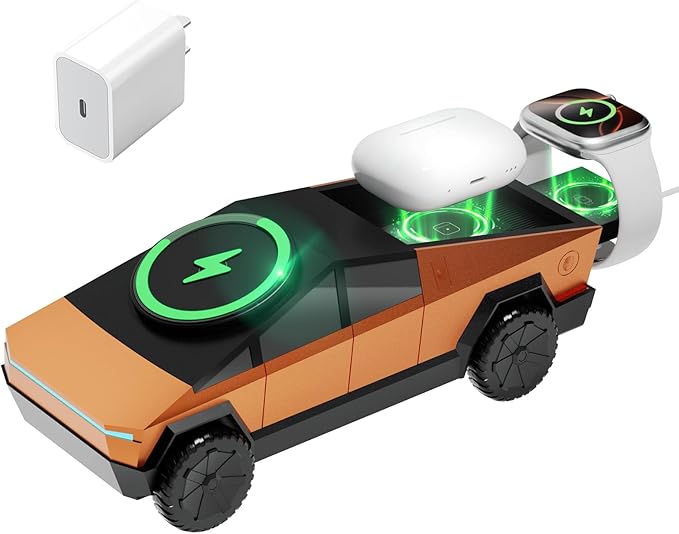CyberDock 3-in-1 Wireless Charging Station Cybertruck 1:25 Scale Charger with Qi2 Certified 15W Charging for iPhone iWatch AirPods Magnetic Rotating Charger with Ambient Light 30W Adapter Orange