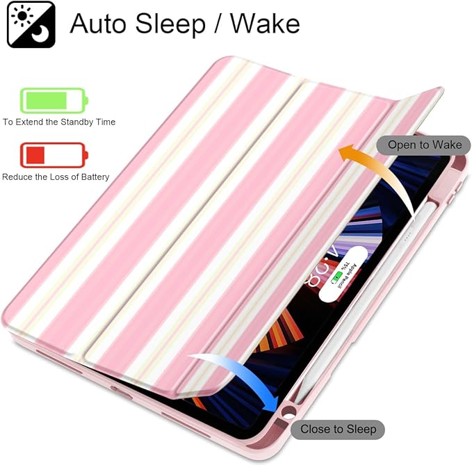 Mektron Case for iPad Pro 11 inch Case M2 2022 Generation 4th Fit 2021 2020 2018 iPad Pro 11 (3rd 2nd &amp 1st Gen) -Buit in Pencil Holder with Shockproof Cover Clear Shell Pink Striped