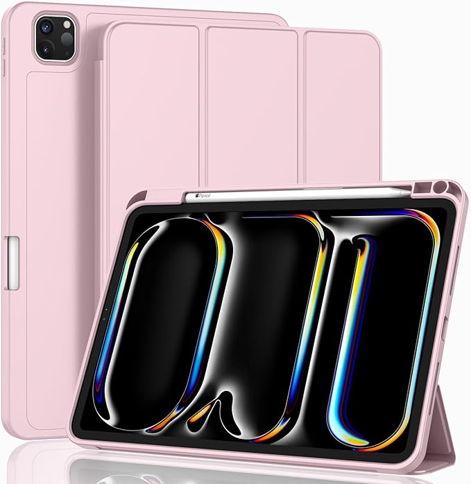 ZryXal iPad Pro 11 Inch Case (M5) 2025/ (M4) 2024 (Model: A2836/A2837/A3006) Trifold Stand Smart Cover with Pencil Holder and Soft TPU Back Auto Wake/Sleep (Pink)